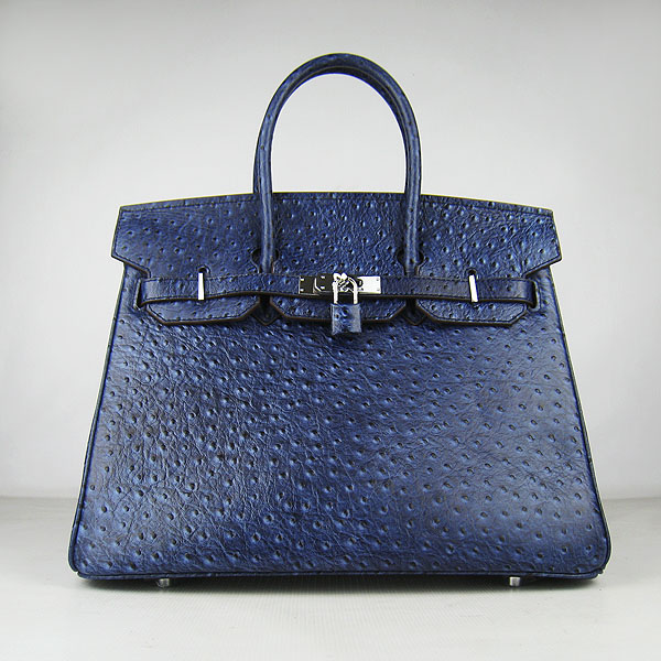 High Quality Fake Hermes Birkin 35CM Ostrich Veins Handbag Dark Blue 6089
